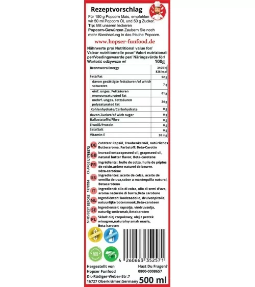 Huile pour pop-corn au goût de beurre | 500 ml