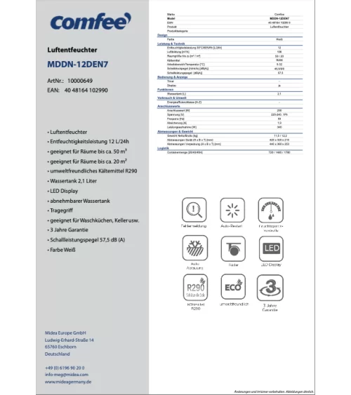 Comfee Luftentfeuchter 12L/24h